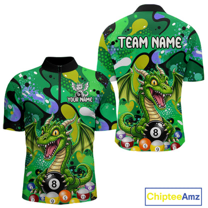 Green splatter funny dragon 8 ball billiard 1/4-zip shirt for men custom pool team jersey