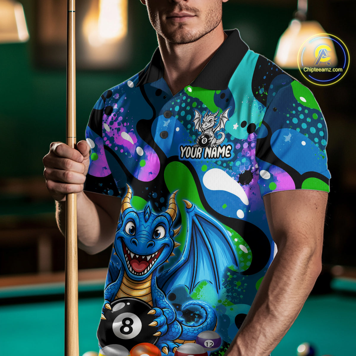 Blue Splatter Funny Dragon 8 Ball Pool Billiard Shirts For Men Custom Cute Billiard Team Outfits NYN3302
