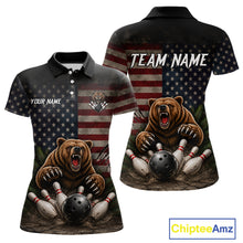 Load image into Gallery viewer, Funny retro bear women's bowling polo shirt, American flag bowling jersey, patriotic bowling team uniform, custom bowling apparel, personalized bowling league shirt