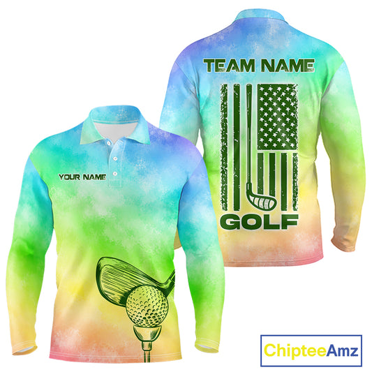 Rainbow tie dye golf polo long sleeve shirt for men colorful smoke golf team apparel