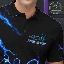 Load image into Gallery viewer, Male bowler wearing Blue Lightning Thunder Neon bowling jersey custom bowling tournament apparel