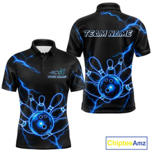 Load image into Gallery viewer, Blue Lightning Thunder Neon Bowling Polo Shirt For Men Custom Bowling Team Jersey Personalized League Bowler Apparel