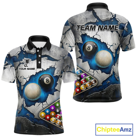 Blue And Grey Cracked 8 Ball Billiard Polo & 1/4 Zip Shirt For Men Custom Billiard Pool Team Shirt NYN2942