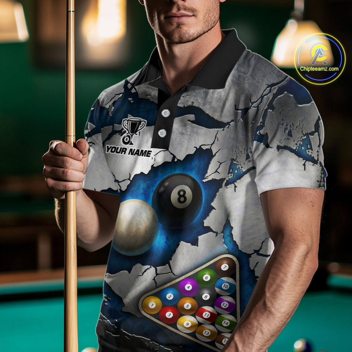 Blue And Grey Cracked 8 Ball Billiard Polo & 1/4 Zip Shirt For Men Custom Billiard Pool Team Shirt NYN2942