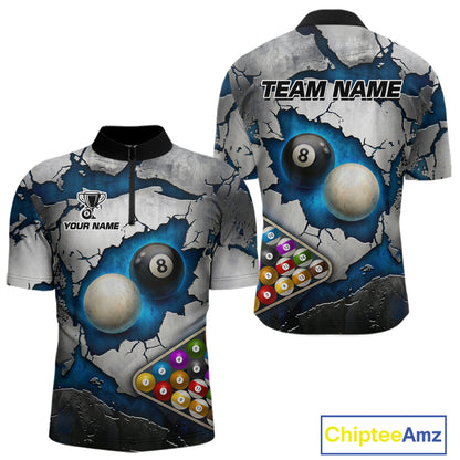 Blue And Grey Cracked 8 Ball Billiard Polo & 1/4 Zip Shirt For Men Custom Billiard Pool Team Shirt NYN2942
