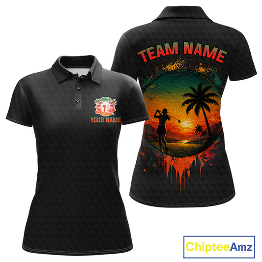 Tropical Black Golf Ball Polo Golf Shirts For Women Custom Splatter Golf Team Attire For Golfers NYN3153