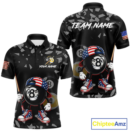 US Flag Funny 8 Ball Pool Polo Shirt For Men, Patriotic Billiard Team Jersey, Custom Pool League Apparel, Personalized Uniform
