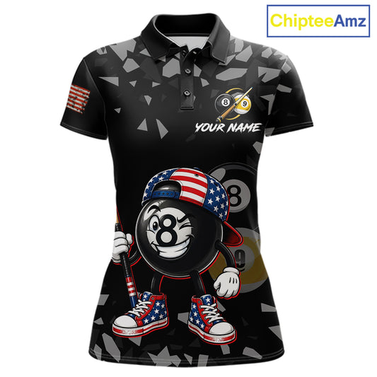 US Flag Funny 8 Ball Women's Billiard Polo Shirt Custom Patriotic Pool Team Jersey Apparel