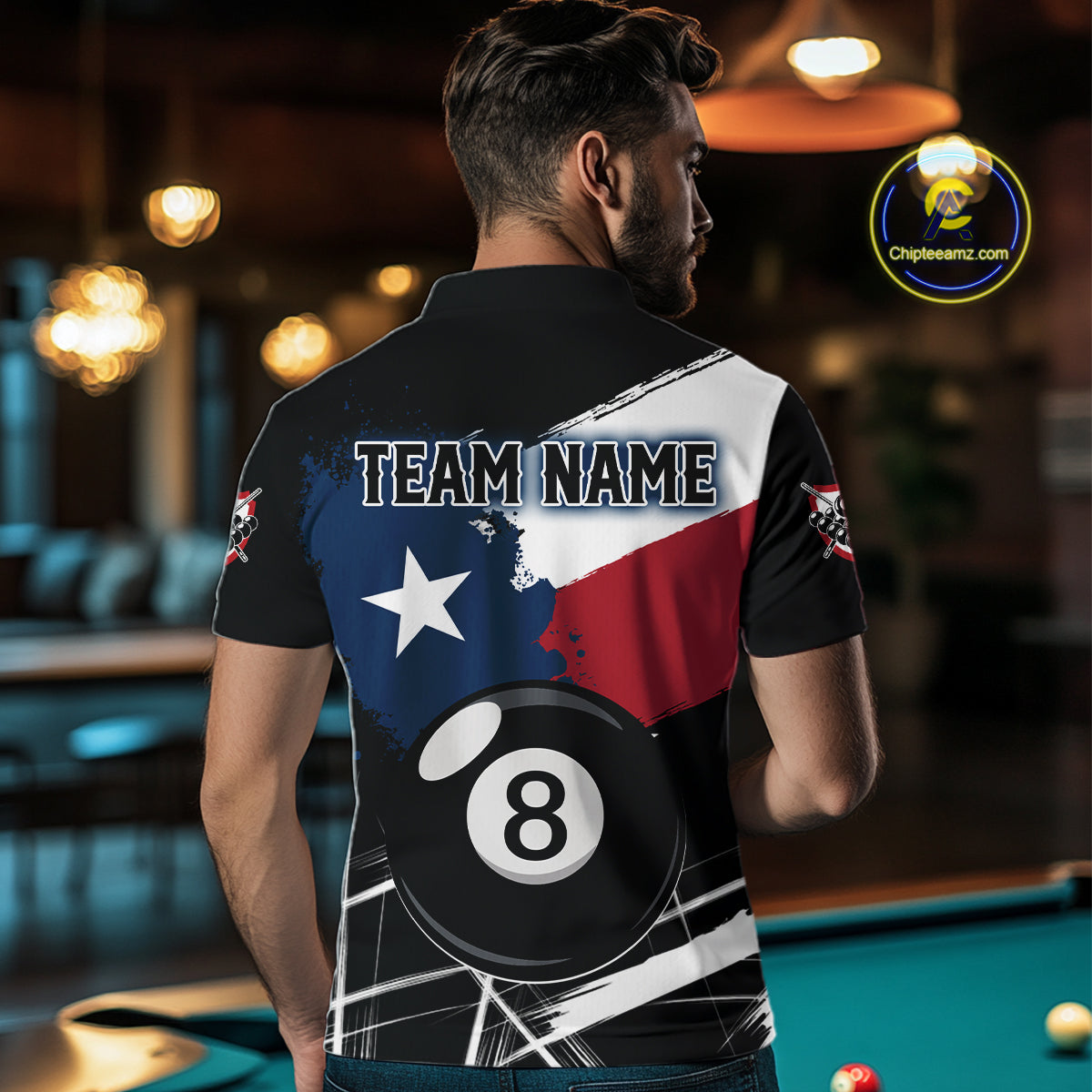 Male Pool Player Wearing Texas Flag 8 Ball Billiard Shirt, Custom Pool League Apparel