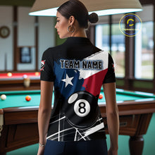 Load image into Gallery viewer, Female billiard player wearing Texas Flag Splash 8 Ball custom billiard shirt