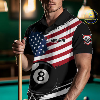 Male Pool Player Wearing American Flag Splash Billiard Shirt, Pool League Team Apparel