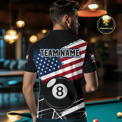 Male Pool Player Wearing American Flag Splash Billiard Shirt, Pool League Team Apparel
