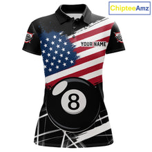 Load image into Gallery viewer, American Flag Splash 8 Ball Women's Billiard Polo Shirt Custom Patriotic Pool Team Jersey
