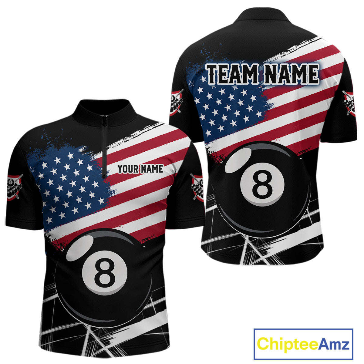 American Flag Splash 8 Ball Billiard Quarter-Zip Shirt For Men, Custom Pool Team Uniform, Patriotic Billiards Attire