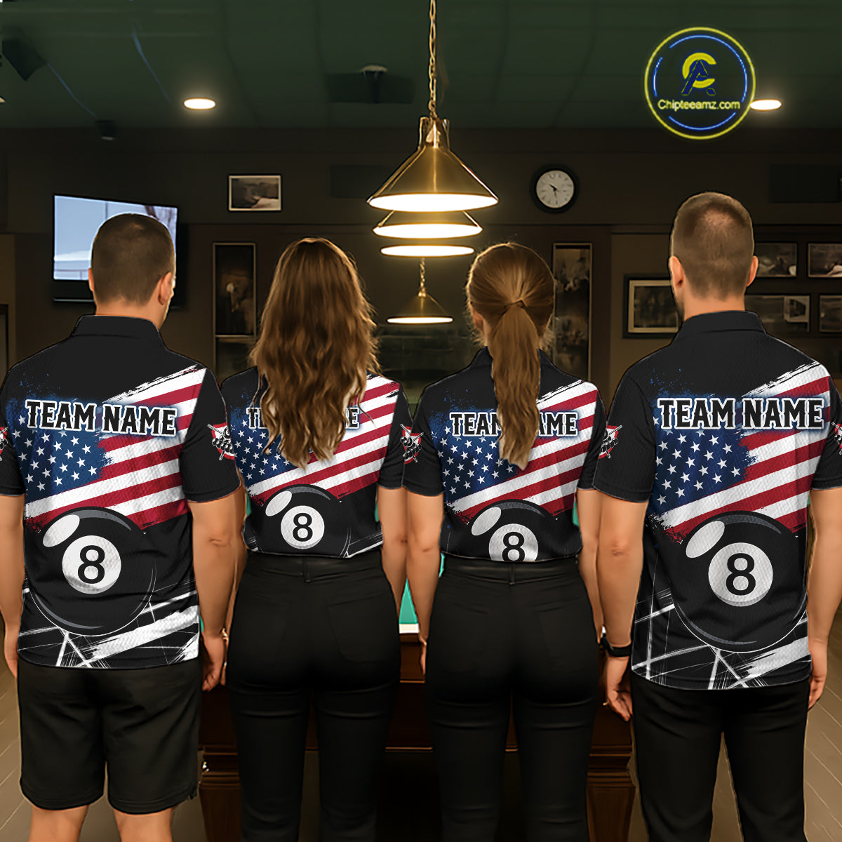Men women pool team wearing American Flag Splash 8 Ball patriotic uniforms
