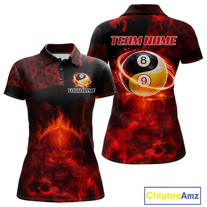 Red Flames Skull Yin & Yang Pool Billiard Shirt For Women Custom 8 Ball & 9 Ball Billiard Team Attire NYN2744