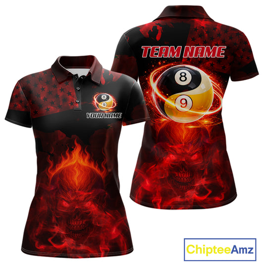Red Flames Skull Yin & Yang Pool Billiard Shirt For Women Custom 8 Ball & 9 Ball Billiard Team Attire NYN2744