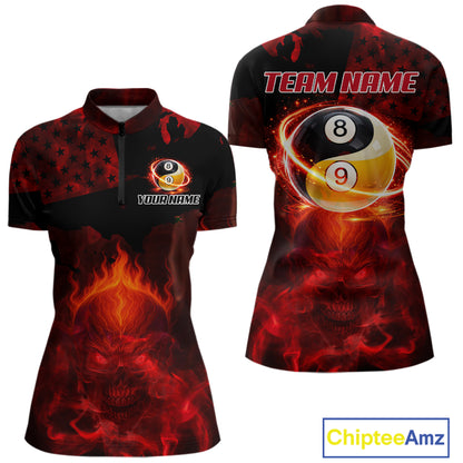 Red Flames Skull Yin & Yang Pool Billiard Shirt For Women Custom 8 Ball & 9 Ball Billiard Team Attire NYN2744
