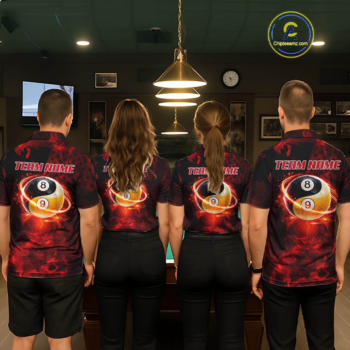 Red Flames Skull Yin & Yang Pool Billiard Shirt For Men Custom 8 Ball & 9 Ball Billiard Team Attire NYN2744