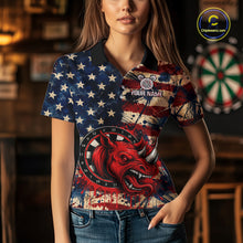 Load image into Gallery viewer, Red Dripping Rhino Funny Women Darts Polo 1/4-Zip Shirt Custom Grunge American Flag Dartboard Apparel NYN3358