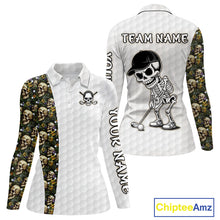 Load image into Gallery viewer, Women's tropical golf polo with skull artwork and golf ball pattern, custom performance golf shirt for golf vacations, summer tournaments and beach resorts.