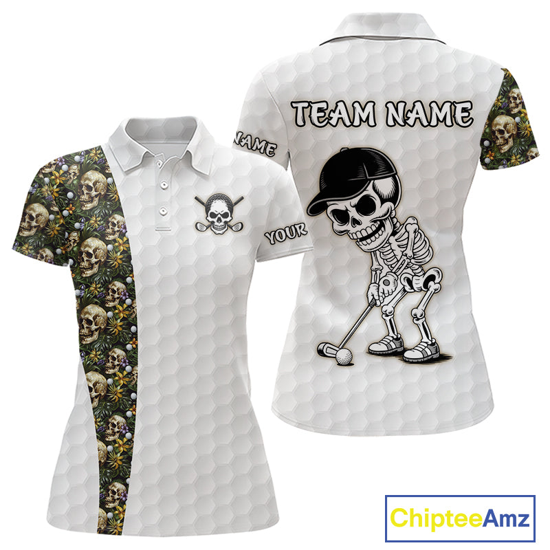 Women's tropical golf polo with skull artwork and golf ball pattern, custom performance golf shirt for golf vacations, summer tournaments and beach resorts.