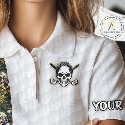 Female golfer wearing tropical skull golf polo on sunny golf course, fashionable golf apparel representing freedom, nature and resort living.