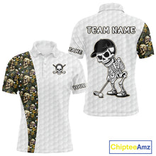 Load image into Gallery viewer, Men's golf polo featuring tropical green golf ball pattern with bold skull artwork, personalized golf apparel for beach golf resorts, golf vacations, summer tournaments and adventurous golfers, representing freedom, nature and tropical lifestyle.