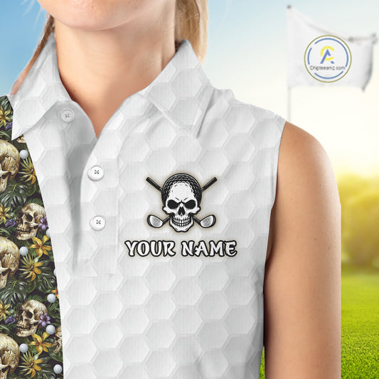 Female golfer wearing tropical skull golf polo on sunny golf course, fashionable golf apparel representing freedom, nature and resort living.