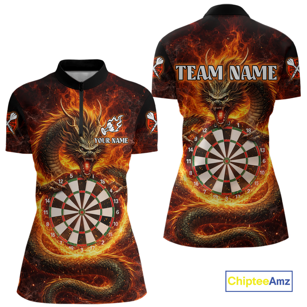 Personalized Red Flaming Dragon Dartboard Women Darts 1/4-Zip Shirt Custom Darts Team Jerseys NYN2582