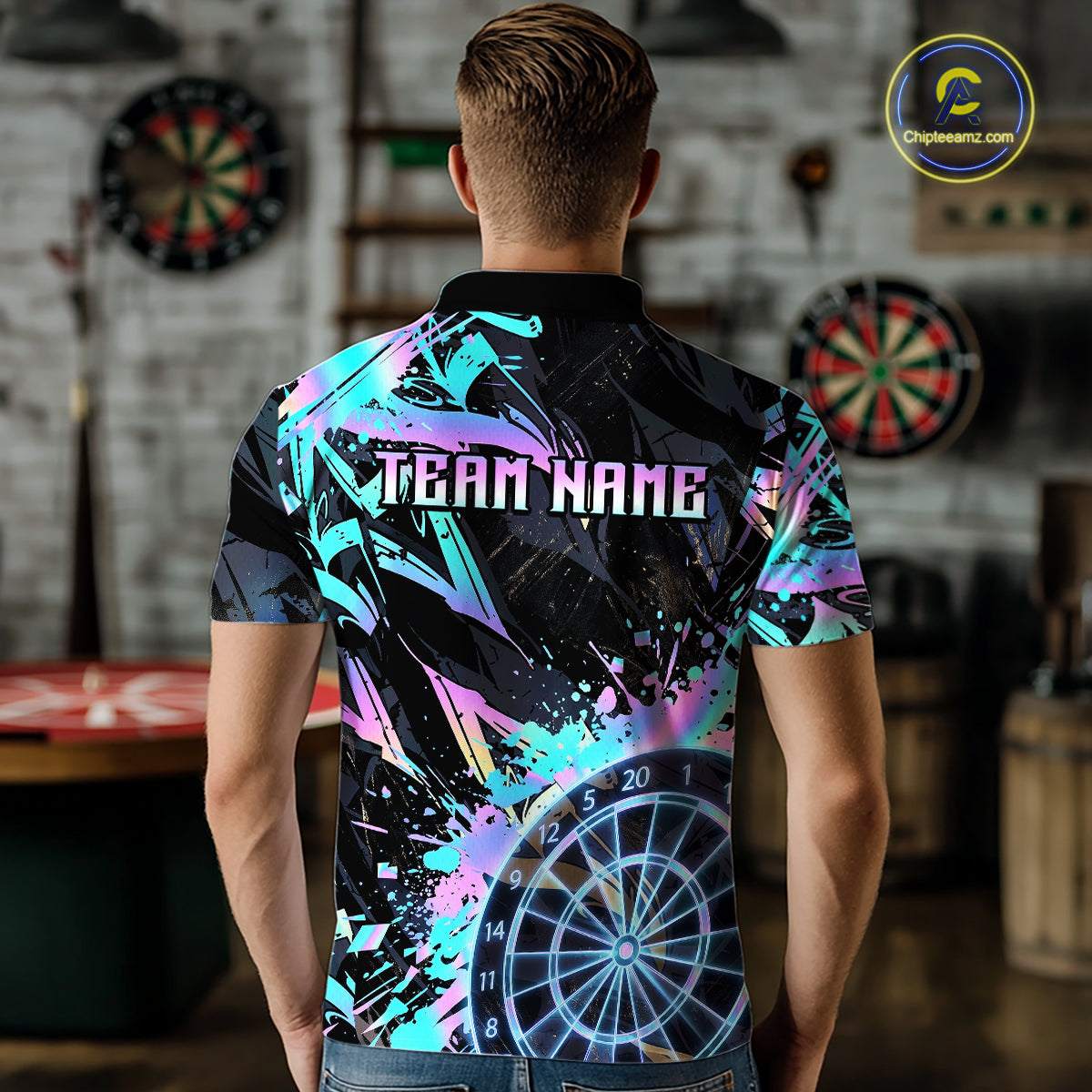 Holographic Splatter Dartboard Men Dart Polo & 1/4-Zip Shirt Custom Name Dart Jersey For Darters NYN2966