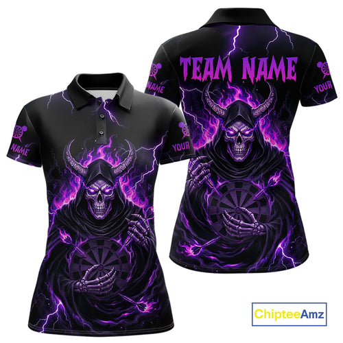 Purple Neon Flaming Grim Reaper Women Darts Polo Jerseys Custom Name Dart League Shirt NYN2064
