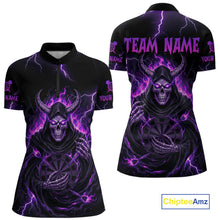 Load image into Gallery viewer, Purple Neon Flaming Grim Reaper Women Darts Quarter-Zip Jerseys Custom Name Dart League Shirt NYN2064