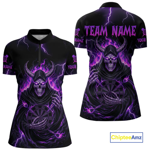Purple Neon Flaming Grim Reaper Women Darts Quarter-Zip Jerseys Custom Name Dart League Shirt NYN2064