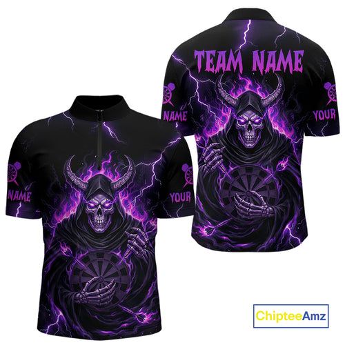 Purple Neon Flaming Grim Reaper Men Darts Quarter-Zip Jerseys Custom Name Dart League Shirt NYN2064