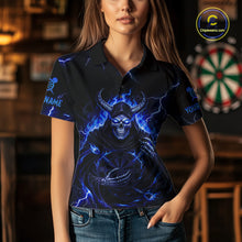 Load image into Gallery viewer, Blue Neon Flaming Grim Reaper Women Darts Polo Jerseys Custom Name Dart League Shirt NYN2065