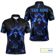 Load image into Gallery viewer, Blue Neon Flaming Grim Reaper Men Darts Polo Jerseys Custom Name Dart League Shirt NYN2065
