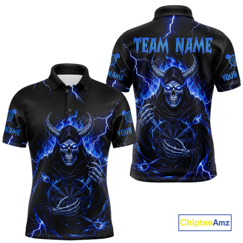 Blue Neon Flaming Grim Reaper Men Darts Polo Jerseys Custom Name Dart League Shirt NYN2065