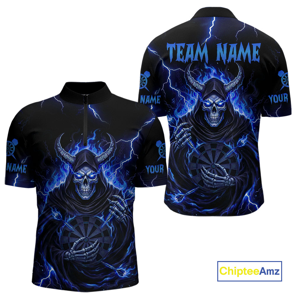 Blue Neon Flaming Grim Reaper Men Darts Quarter-Zip Jerseys Custom Name Dart League Shirt NYN2065