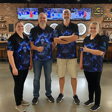 Load image into Gallery viewer, Blue Neon Flaming Grim Reaper Men Darts Polo Jerseys Custom Name Dart League Shirt NYN2065