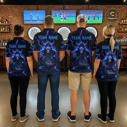 Blue Neon Flaming Grim Reaper Men Darts Polo Jerseys Custom Name Dart League Shirt NYN2065