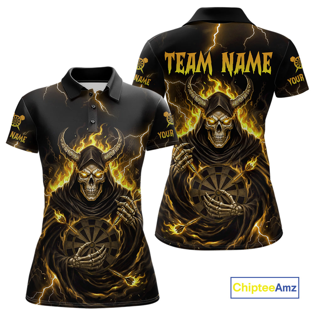 Yellow Neon Flaming Grim Reaper Women Darts Polo Jerseys Custom Name Dart League Shirt NYN2066
