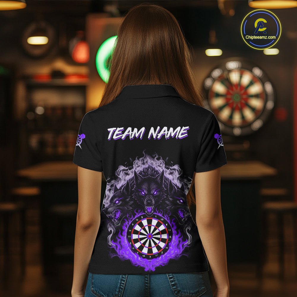 Grey And Purple Flames Wolf Custom Women's Funny Dart Polo Shirts Team Dart League Jerseys NYN2080