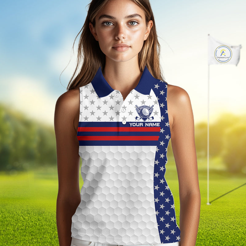 American Flag Anniversary Women Golf Sleeveless Polo Shirt Custom Golf Team Patriotic Golf Tops NYN3384