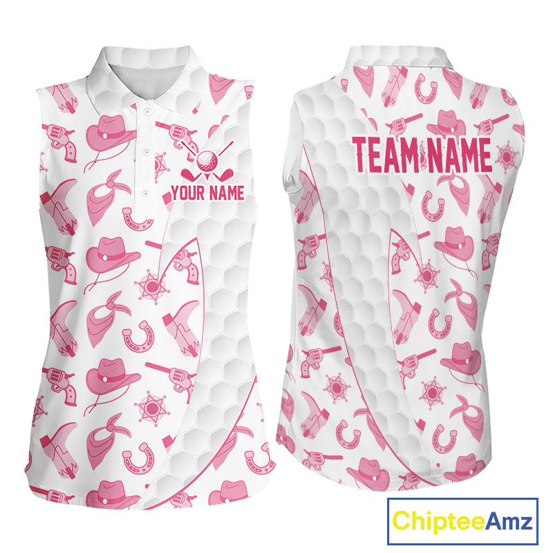 Pink cowgirl womens golf sleeveless polo shirt funny golf apparel