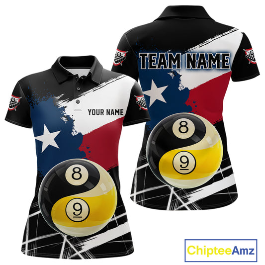 Women's billiard polo featuring Texas flag splash with Yin Yang, 8 ball and 9 ball graphics, premium custom pool apparel for APA teams, Zen lifestyle and tournament players.