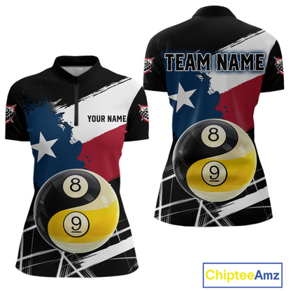 Women's quarter-zip billiard jersey featuring Texas flag splash, Yin Yang, 8 ball and 9 ball artwork, personalized performance apparel for league championships and professional teams.