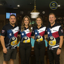 Load image into Gallery viewer, Men women billiard team wearing matching Texas Yin Yang jerseys for tournaments, symbolizing teamwork, harmony, Texas pride and competitive excellence.
