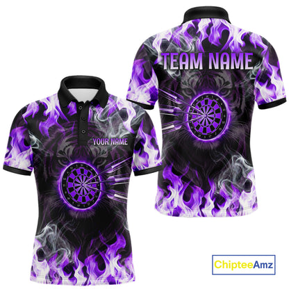Purple Flaming Tiger Men Dart Polo Shirts Personalized Name & Team Fire Flame Dart Jerseys NYN2101