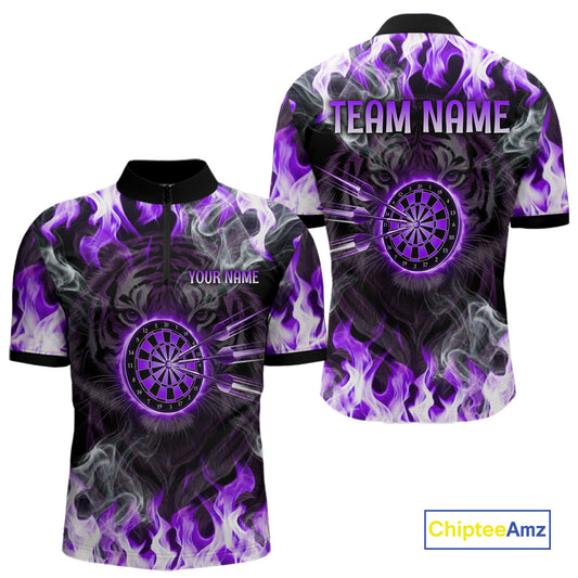 Purple Flaming Tiger Men Dart 1/4-Zip Shirts Personalized Name & Team Fire Flame Dart Jerseys NYN2101